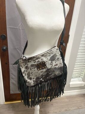 Fringed Crossbody Bag in Black and White Cowhide